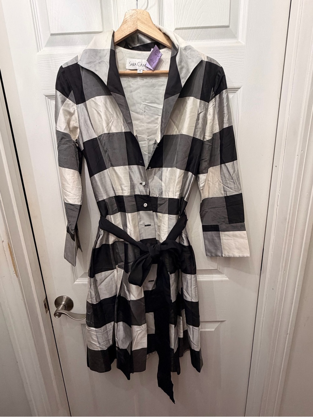 Vintage Silk Sara Campbell Black and White Checked Belted Midi Shirt Dress